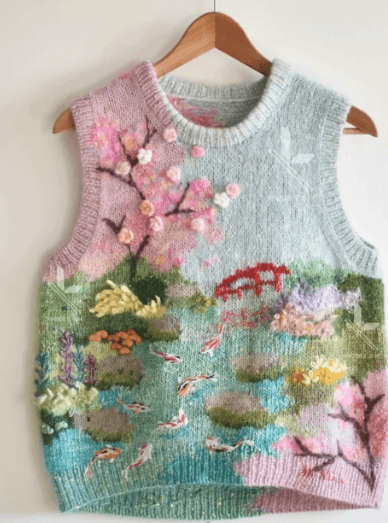 Landscape Knitwear jersey vest on a hanger with cherry blossoms, koi pond, and color fade — crochet jersey gallery